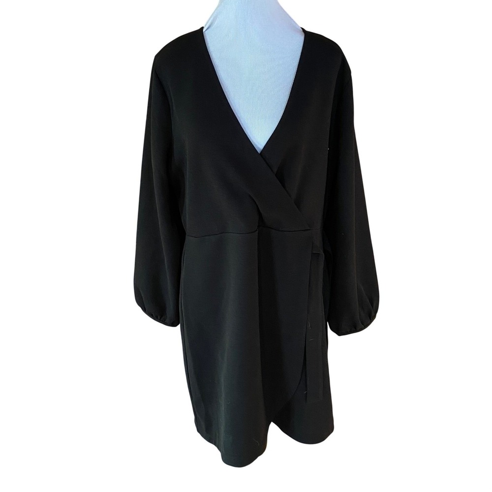 Madewell Texture Thread Black Long Sleeve Side Tie Dress Black Faux Wrap Modest